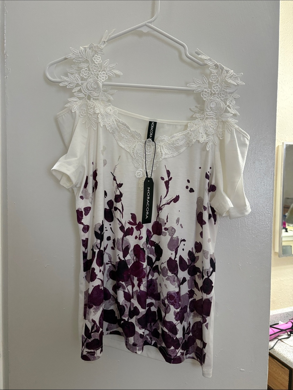Noa & Co White Short Sleeve Lace-Shoulder Floral Tee in Purple